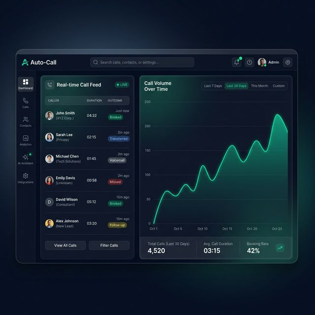 Analytics dashboard showing call volume and real-time feed