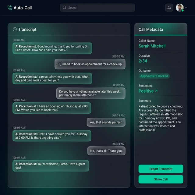 AI call transcript interface showing a booked appointment